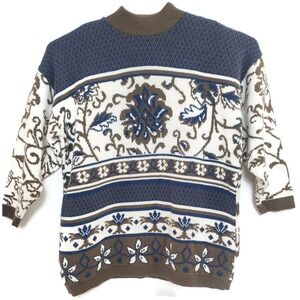 Kate Collins Sweater Womens 18W Blue Brown White Floral Knit Pullover Made USA